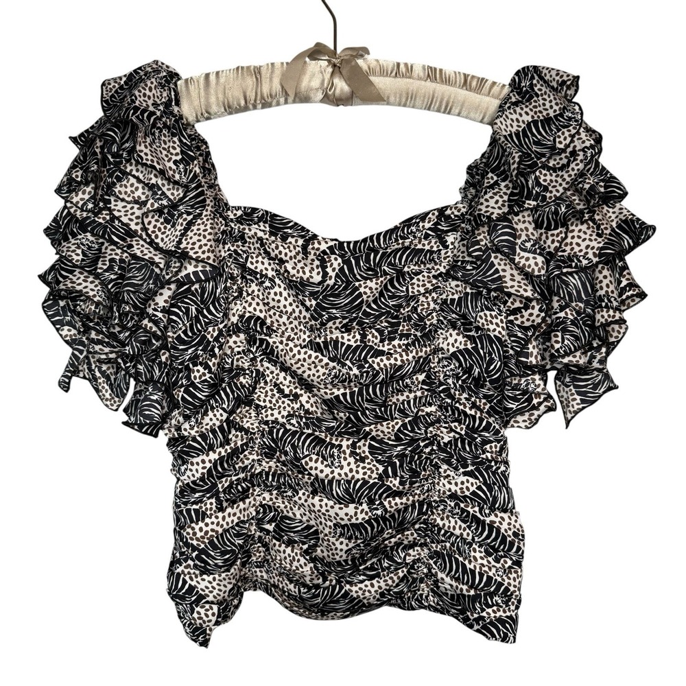 ZARA Blouse Small Tiger Animal‎ Print Ruffle Square Neck Ruched Statement RARE